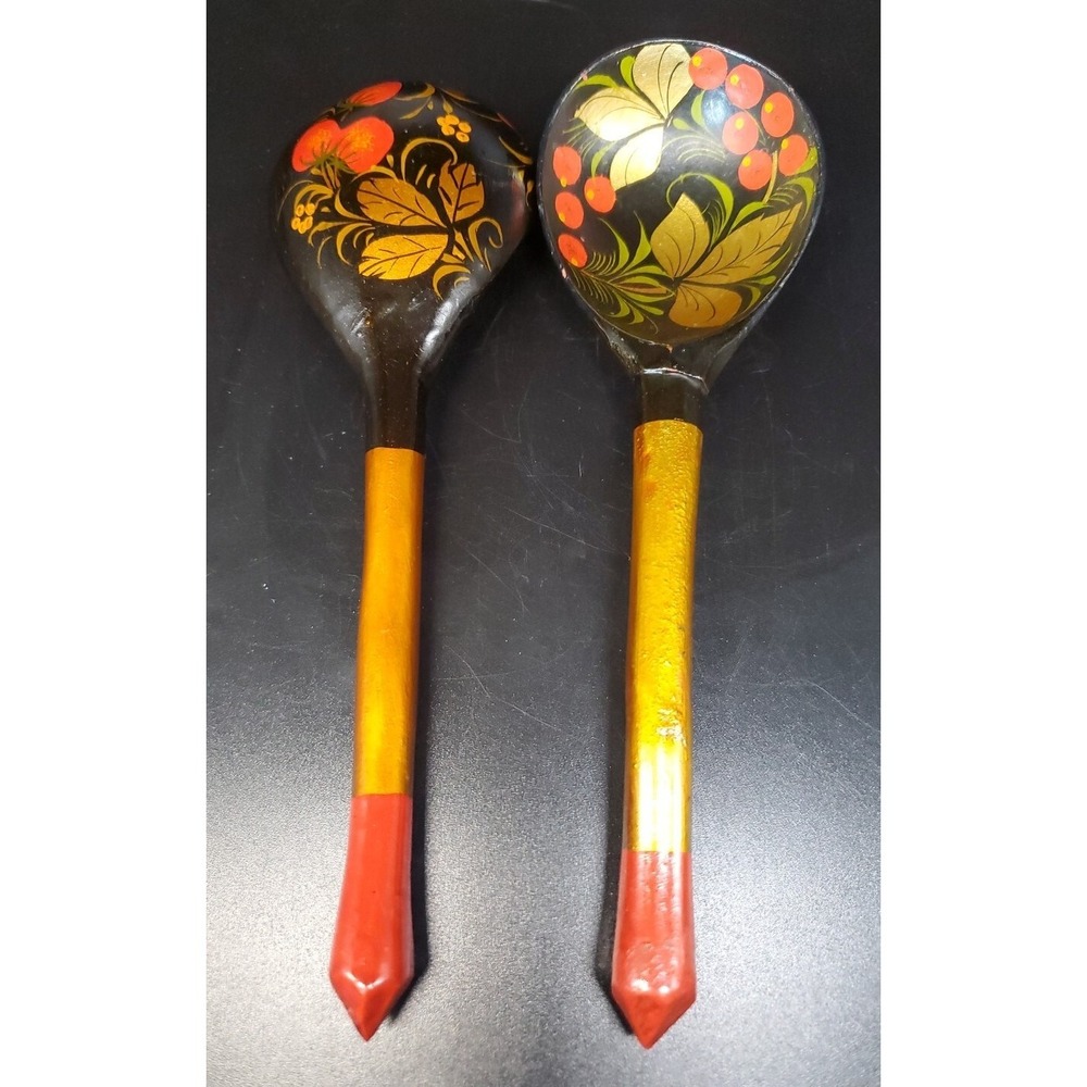 Russian Khokhloma  Spoons, Set Of 2.             7 & 5/8"  Floral & Fruit Print